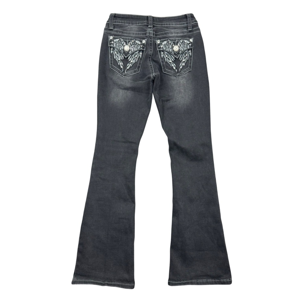 Fire & Rain Low Rise Bootcut Jeans Women 5 Black Angel Wing Embellished Pockets